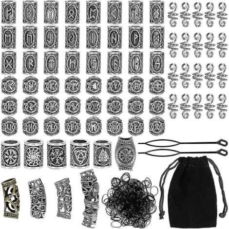 (Pow yeah) Set di 80 perline runiche con 300 elastici, perline per barba vichinghe, perline antiche fai da te per capelli e barba, gioielli nordici per capelli, bracciale intrecciato, ciondolo (1/5)