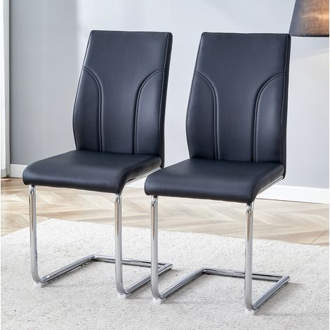 Set di 2 sedie da pranzo imbottite in PU con gambe in metallo, nero e argento (1/5)