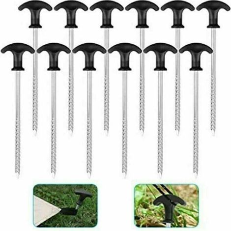 12 piquets tente fer 21cm crochet, fixation pour prairie herbe sable forêt ombrelle (1/4)
