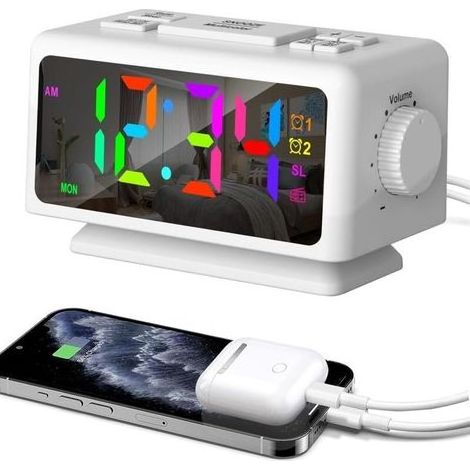 Réveil Numérique pour Chambre à Coucher, Veilleuses RVB Dynamiques Colorées, Affichage à Chiffres Multicolores, Dimmable, Chargeur USB, Radio-Réveil FM pour Les Dormeurs Profonds (Blanc) (1/5)