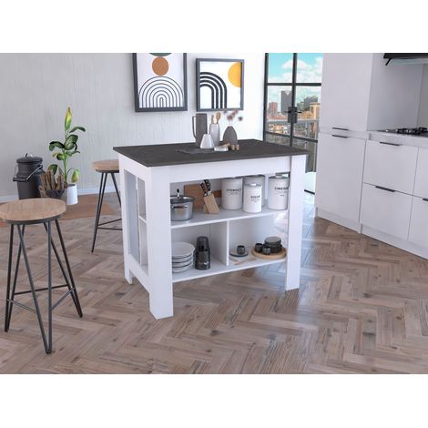 Isla de cocina Cala con tres estantes y cuatro patas , Blanco / Onix (1/5)