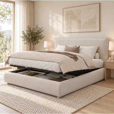 Cama con canapé 160x200 cm de terciopelo crema, somier de láminas, sin colchón - CHICFURN (1/5)
