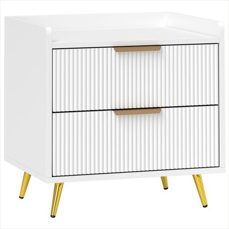 Table de chevet 2 tiroirs rainurés blanc MDF et métal doré 50x40x50 cm (1/5)