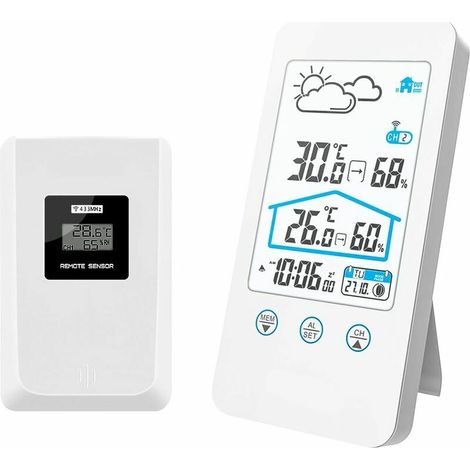 Station météo sans Fil, Thermomètre numérique intérieur sans Fil pour intérieur Baromètre d'humidité Horloge de Station météo avec capteur extérieur (Blanc) (1/5)