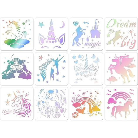 12 Pièces Pochoirs pour Peinture Licorne, Réutilisables Pochoir Peinture Murale Kit, Plastique Pochoir Meuble pour DIY Scrapbooking Sol Carrelage Mur Toile Tissus Décor (20x20cm) (1/5)