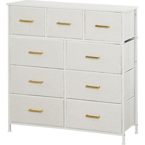 Kommode Sideboard mit 9 Stoffschubladen, Schubladenschrank mit Arbeitsplatte, Griff, Aufbewahrungsschrank für Wohnzimmer, Schlafzimmer, Cremeweiß