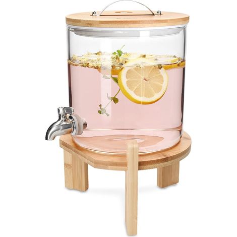 1 Distributeur de boissons,Verre borosilicate,Robinet acier inoxydable,Couvercle bois,Support bois,Apéritif fête buffet