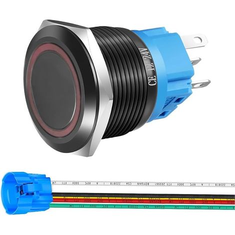 Gebildet Bouton-Poussoir Momentané en Acier Inoxydable 22mm 12V-24V LED 1NO1NC SPDT on Off Bouton Etanche avec Prise de Fil (LED rouge et Coque Noire) (1/5)