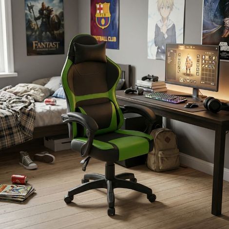 Sedia da gaming verde e nera reclinabile ed ergonomica (1/4)