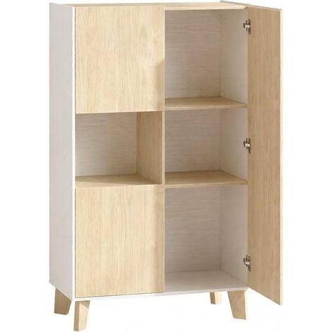Aparador moderno con 6 compartimentos, 80 x 40 x 135 cm, blanco y roble claro (1/4)
