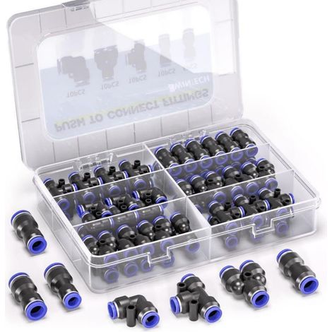 Raccord Rapide Pneumatique - 8 mm - Pour Tuyaux PU Nylon PE - Droit Coudé Té Répartiteur - 46 Pièces - Noir