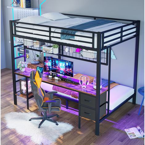 Lit mezzanine 140x200 avec bureau, métal noir HAVRYA (1/5)