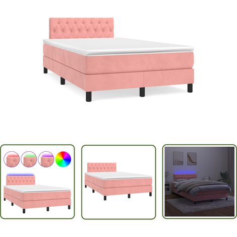 The Living Store Sommier à lattes de lit et matelas LED rose 120x190 cm velours - Lit Plateforme - Lit Design - Lit Capitonné - Lit Velours - Lit Double (1/5)
