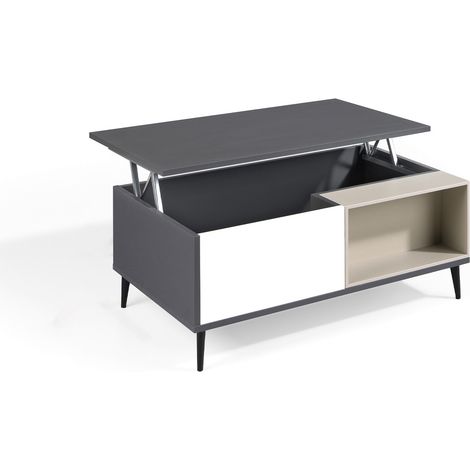 MOMMA HOME Mesa centro elevable LEA, salón comedor Antracita blanco polar 100x60x40cm