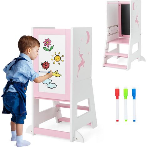 COSTWAY Tour d'apprentissage Enfant avec Hauteur Réglable & Tableau, Tour d'Observation Montessori en Bois avec Rail de Sécurité & Pieds Anti-Bascule, Charge 70kg pour Enfant de 1-7 Ans (Rose) (1/5)