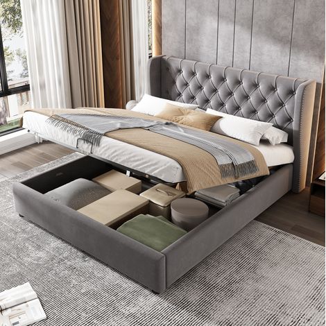 lit coffre 140x200 velours gris avec sommier HAVRYA (1/5)
