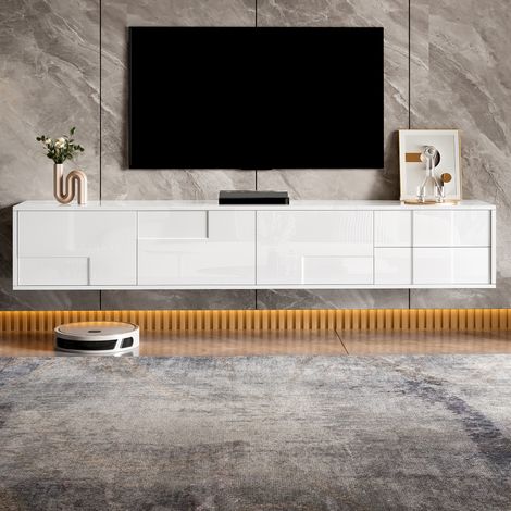 Meuble TV bas blanc 170 cm finition haute brillance, pose au sol ou fixation murale, façade sans poignée avec 3 portes et 2 tiroirs, grand espace de rangement pour salon minimaliste (1/5)