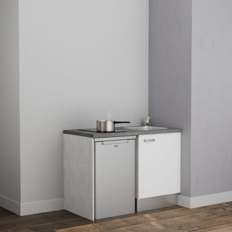 Kitchenette K08L-PT - 120 cm avec plan de travail et évier - emplacement frigo - Façade Blanc - Plan Gris béton - Evier Inox - Crédences Non