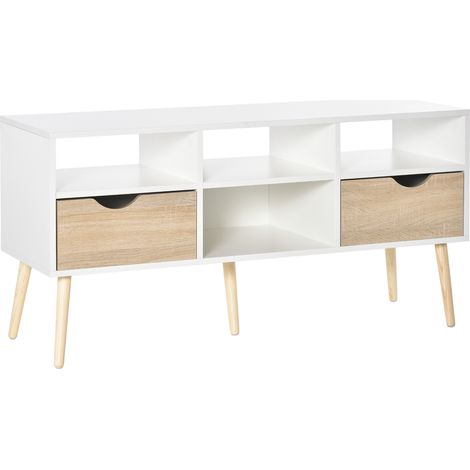 Meuble TV mixte bois et blanc pour écran jusqu’à 50 pouces. Tiroirs et compartiments de rangement, pieds stabilisateurs anti-basculement pour salon. (1/5)