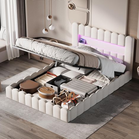 Lit coffre 140x200 cm - Lit double Moderne avec éclairage LED réglable & chargement USB - Lin - Beige (1/5)