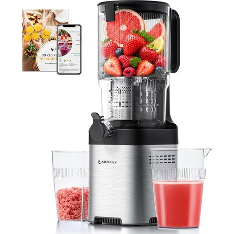 Centrifugeuse - Slow Juicer avec grand compartiment de remplissage de 135 mm pour fruits et légumes entiers - Facile à nettoyer avec 2 verres - Argent (1/5)