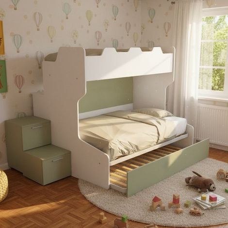 Letto a castello con gradini a cassetti e passerella - Una piazza e mezza e singola - Bianco e Salvia