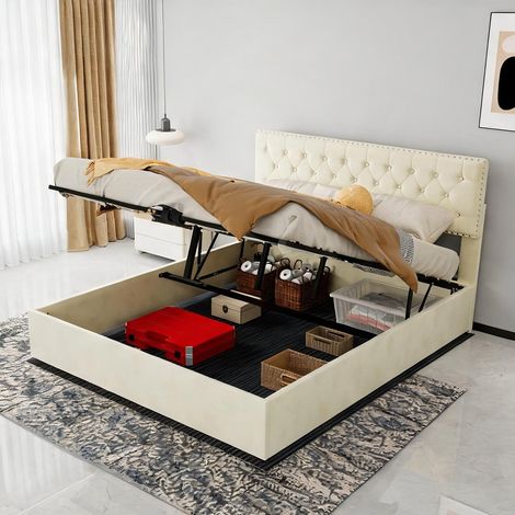 Tête de lit beige en tissu métal 200 x 160 x 133 cm (1/5)