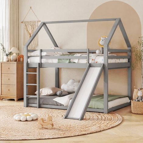 Lit superposé cabane 140x200 avec toboggan gris HAVRYA (1/5)