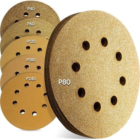 Premium Disques abrasifs excentriques 125mm Or, 60 pièces, 8 trous papier a poncer, disque poncage Papier abrasif universel Velcro 10 x P40 - P240 pour Bois, Métal et Peinture (1/5)