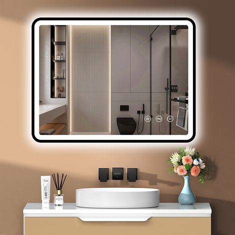 LED Badezimmerspiegel PESENXAN 80x60 cm, Anti-Beschlag & IP44, 3 Lichtfarben, Dimmer, Speicher, schwarzer Aluminiumrahmen, horizontal/vertikal (1/5)