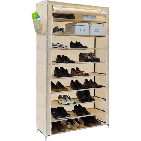 3 Zapateros, 161x88x30 cm, Armario Vertical, Estantería, 45 Pares de Zapatos, 10 Pisos, Cubierta con Cremallera, Beige