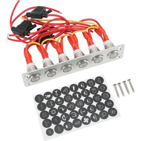 Panneau commutateur 6 boutons poussoir pré câblé en acier inox et alu argenté 180x40x90mm LED bleue 12V pour voiture camping-car bateau (1/5)