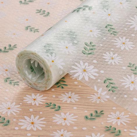 Tapis de Tiroir 30x500cm Non-adhésif,Imperméable l'huile Antidérapant,Tapis Frigo EVA Plastique Tapis Protection pour Cuisine Réfrigérateur (Point Feuilles vertes marguerite) (1/5)