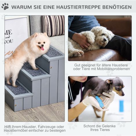 Marche pour chien PawHut, 3 niveaux, 38 cm de hauteur, pour petit et moyen chien, rampe d'accès féline, aide à monter sur lit, canapé, fauteuil et voiture, gris (1/4)