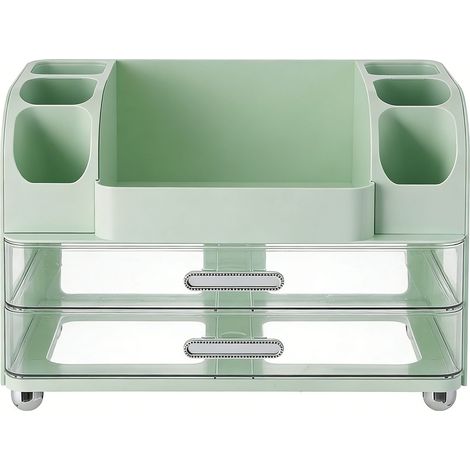 Make-up-Organizer für Schminktisch mit 2 Schubladen, Kosmetikvitrine mit Pinselhaltern für Badezimmerablage, Hautpflege, Schreibtisch, Bürobedarf, Grün (1/5)