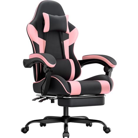 Chaise gaming ergonomique avec soutien lombaire, fauteuil de bureau en cuir PU respirant, chaise d’ordinateur confortable, charge maximale 200 kg, hauteur d’assise et dossier réglables, noir et rose