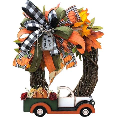 Wreath - Pumpkin Truck - Rattan - 35 Cm - For Front Door - Autumn Harvest - Halloween Decor - 1 Piece (1/5)