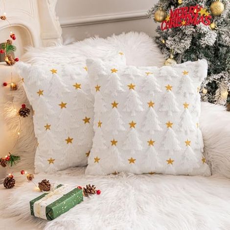 Housse De Coussin Noel - 50 X 50 Cm - Motif Flocon De Neige En Fausse Fourrure Et Velours - Lot De 2 (1/5)