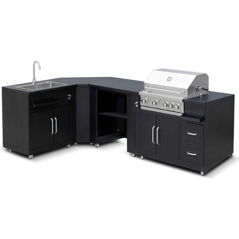 Oviala – Cuisine d'extérieur angle 4 éléments avec évier inox et barbecue gaz 4 brûleurs – Dimensions 401 x 66 x 96 cm – Pour repas conviviaux