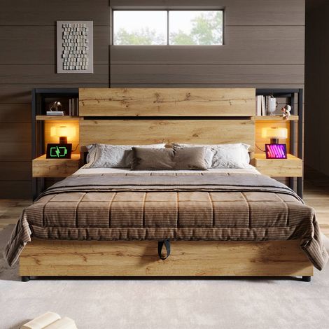 Lit double 180 x 200 bois, sommier lattes, tête de lit rangement avec tiroirs et ports usbtype-c, chêne, sans matelas. (1/4)