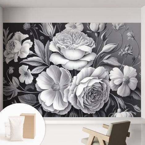 Papier peint intissé décoratif pour chambre et salon Design moderne à poser facilement - Colle incluse gratuite Fleurs grises 152x104 cm (1/5)
