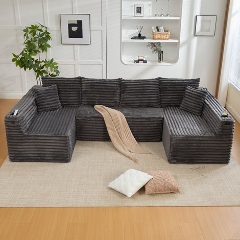 Canapé modulable en U 320x155x88 cm gris foncé en velours côtelé avec porte-gobelet et poche latérale (1/5)