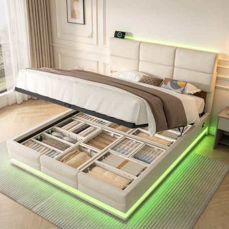 Lit double rembourré 180x200 avec éclairage LED -Rangement hydraulique -Avec USB Type-C-Sommier à lattes --Dispose d'une tête de lit réglable en hauteur-Velours-Beige (1/4)