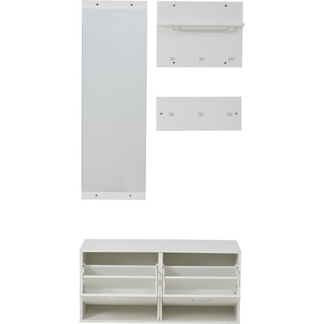 Ensemble porte-manteaux 4 pièces avec miroir, 2 étagères à chapeaux et meuble à chaussures blanc - 90 x 30 x 41,5 cm (1/5)