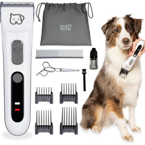 Beurer Love Your Pet Recortadora «Fluffy» para perros y gatos, silencio, recortadora para perros de pelaje denso e intrincado, cortapelos para animales con batería, set con 9 artículos