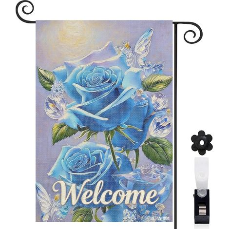 Drapeau de jardin Welcome et effet cristallin sur les roses 30 x 45 cm décoration terrasse et extérieur (1/5)
