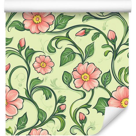 Papel pintado de flores verdes y lima para salón y dormitorio, 50x1000 cm. (1/5)