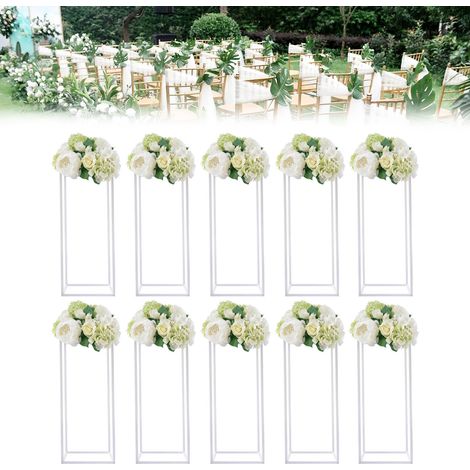 10Pcs Wedding Flower Centerpiece, Centerpieces for Table Wedding, Flower Stand for Wedding, Gold Vase Metal Column Stand, Rectangular Geometric Flower Rack for Party Decoration (White 60cm)