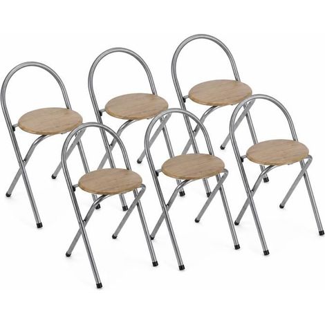 Tabouret pliable - JUANIO - Lot de 6 - Assise effet bois - Dossier ergonomique - Structure métallique (1/5)