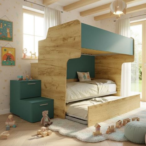 Letto a castello salvaspazio con rete superiore da una piazza e mezza e scala laterale - Quercia e verde petrolio (1/5)
